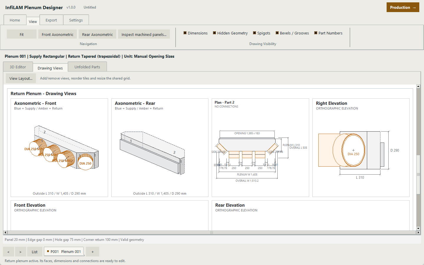 Plenum Designer model-derived drawing views